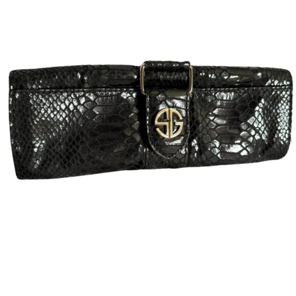 SG Black Faux Snakeskin Fold-Over Clutch with Gold Logo Hardware - Picture 1 of 2